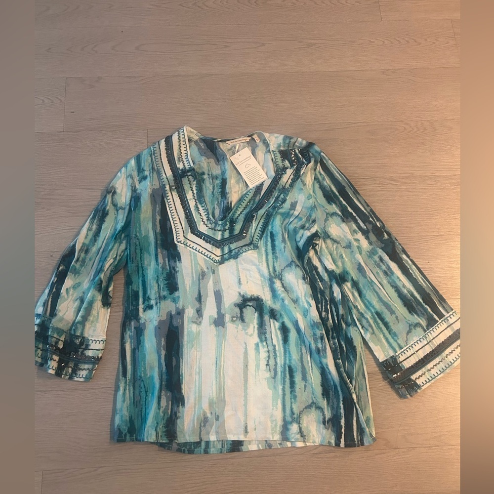 Soft Surroundings Blue Tunic with Bead Details Top Size L